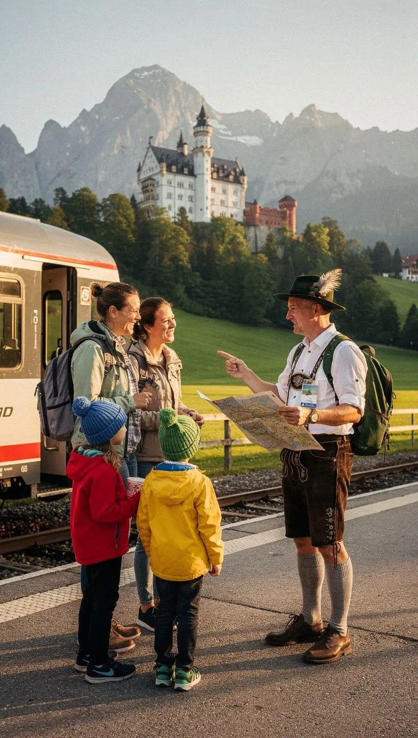 Reiseleiter erklärt einer Gruppe von Touristen die Vorteile von gebündelten Bahntickets